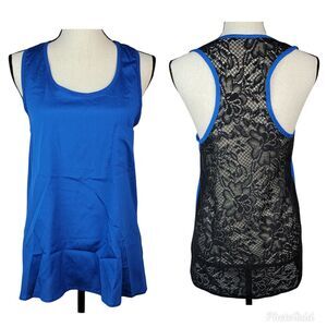 Monteau Blue Black Tank Top Womens Sz M Lace‎ Back Sheer Blouse Shirt Sexy Date